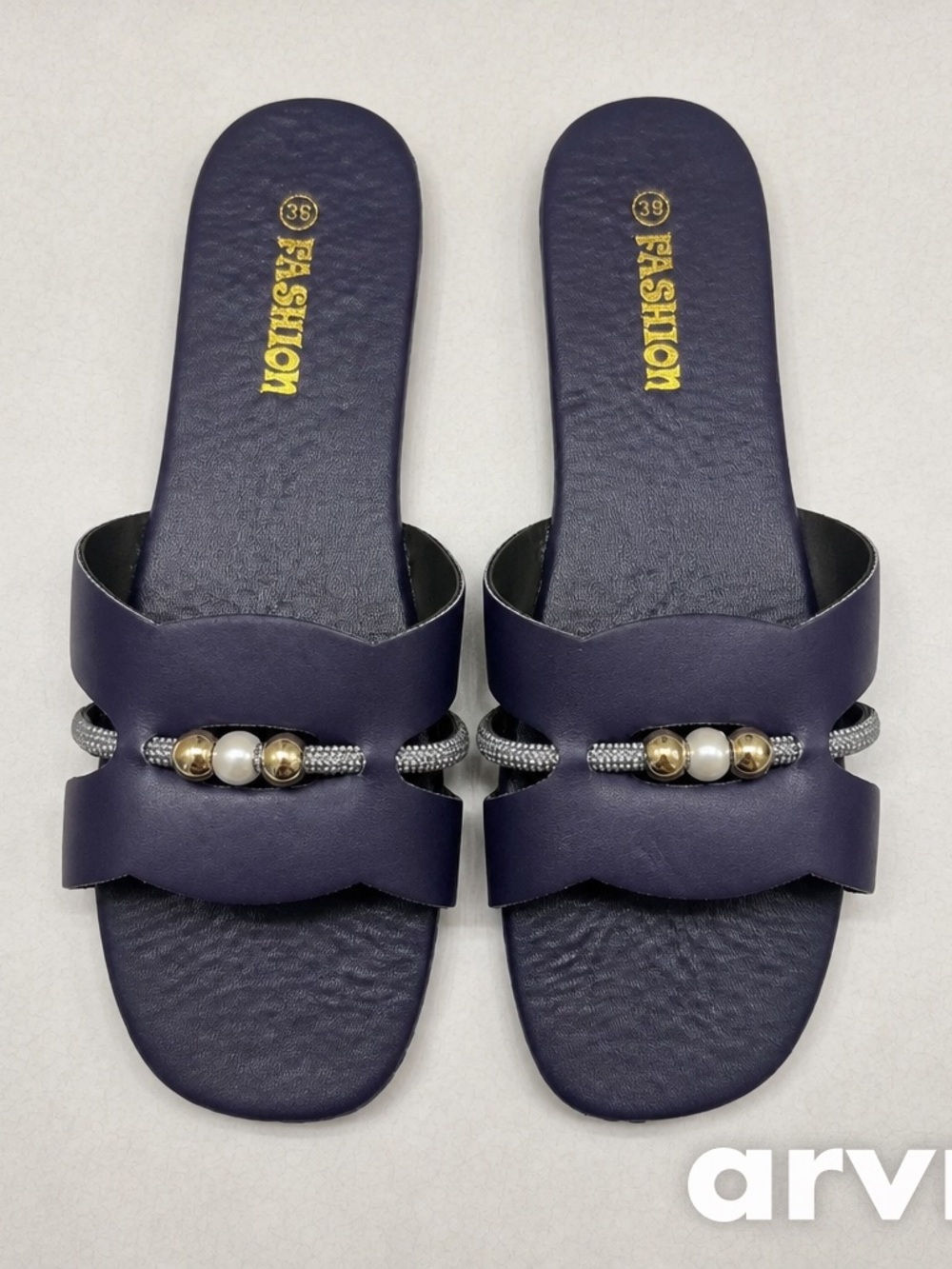 Navy Slide Sandals with Decorative Beads